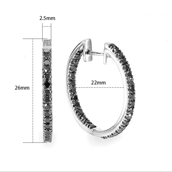 🌟 Sterling Silver Big Hoop Earring Black Diamonds - Picture 4 of 5